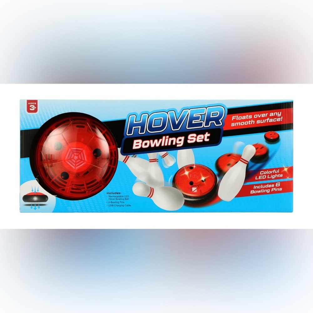 Hover Bowling Set, Floats Over Smooth Surface! LED Light Bowling Ball & 6 Pins
